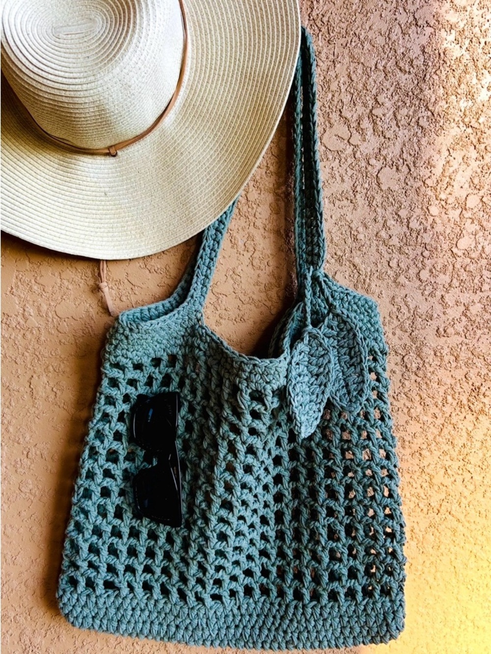 Handmade Crochet Market Tote Bag in Dusty Teal